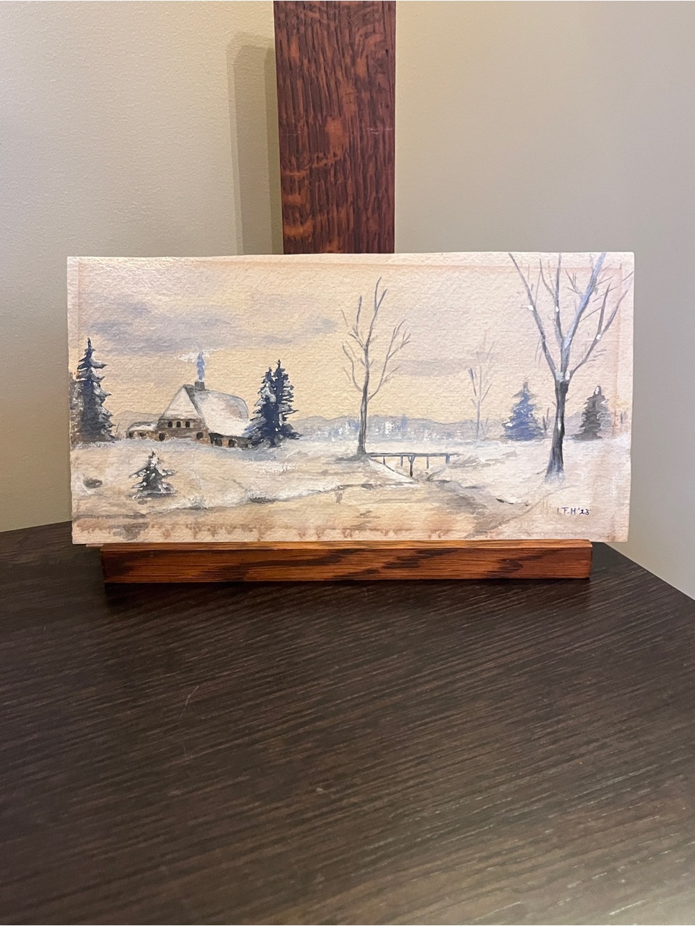 VINTAGE 1923 Original Winter Landscape Watercolor Painting signed LFH